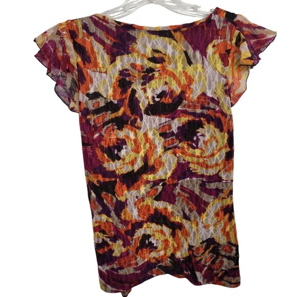 AGB Multicolor Floral Ruffled Sleeve V-Neck Top Size M Lightweight & Flowy - Picture 4 of 4